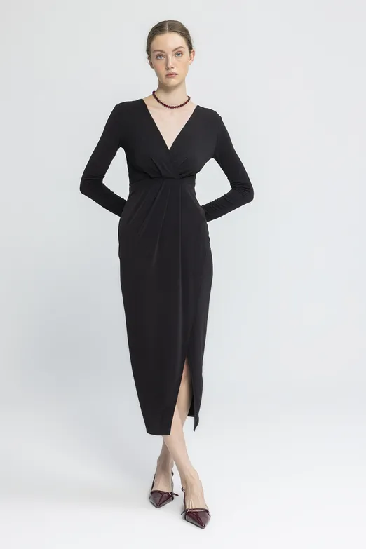 Bayan Siyah V Yakalı Midi Elbise - BSL