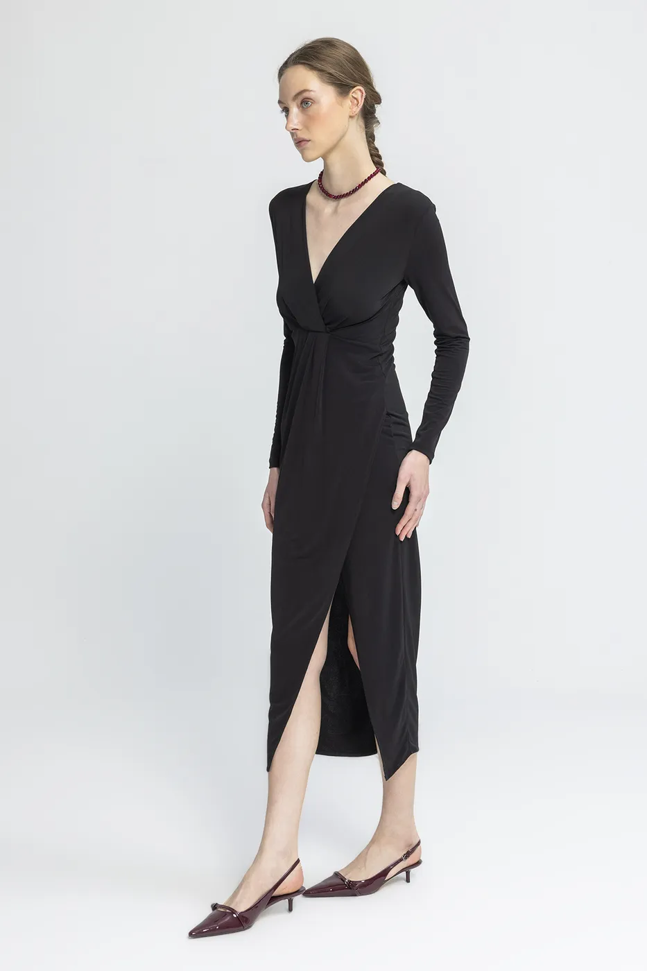 Bayan Siyah V Yakalı Midi Elbise