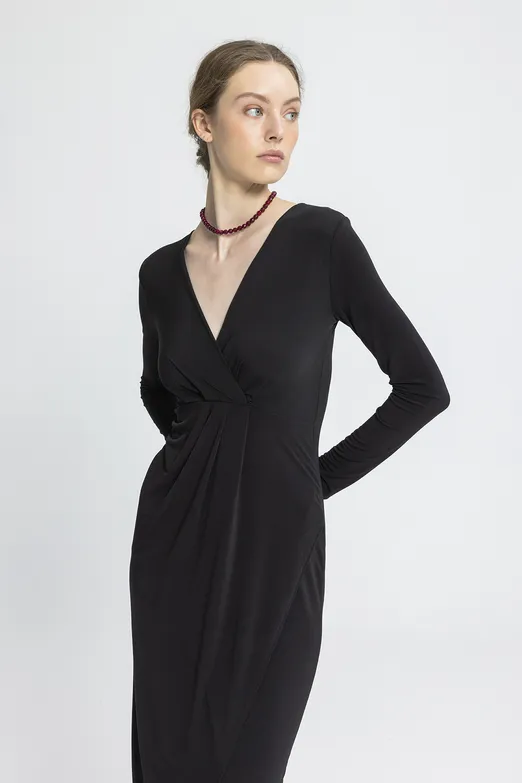 Bayan Siyah V Yakalı Midi Elbise - BSL