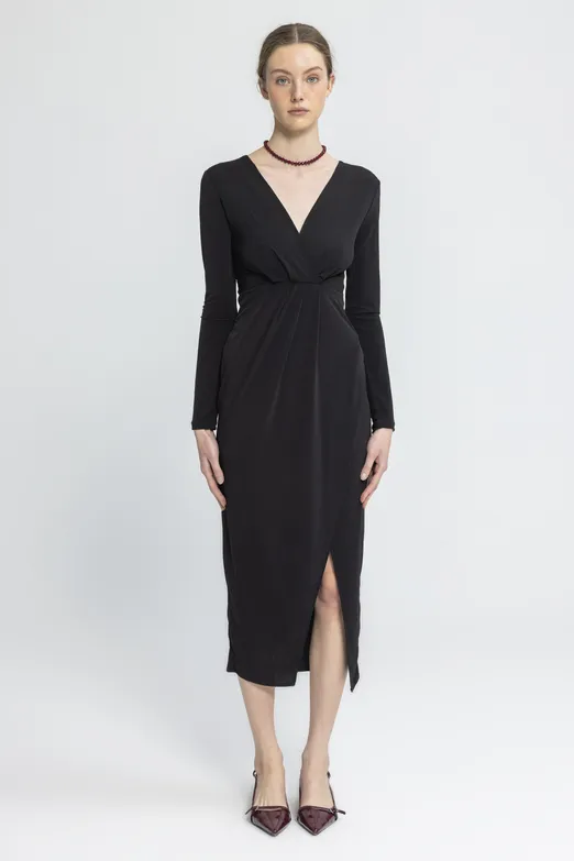 Bayan Siyah V Yakalı Midi Elbise - BSL
