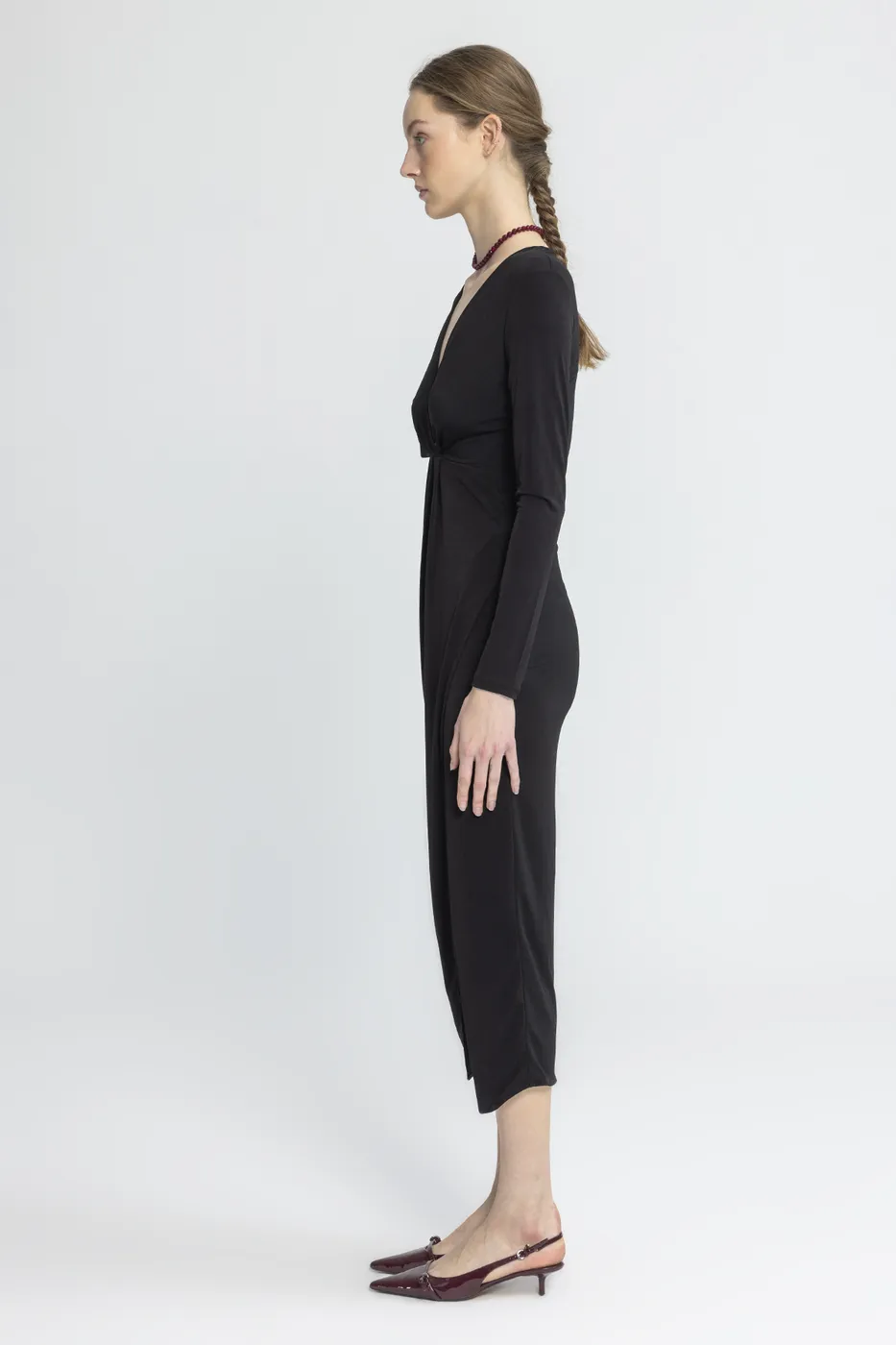 Bayan Siyah V Yakalı Midi Elbise