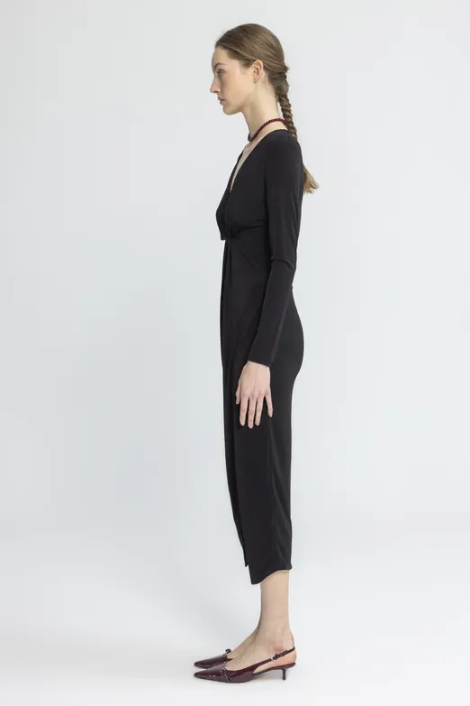 Bayan Siyah V Yakalı Midi Elbise - BSL