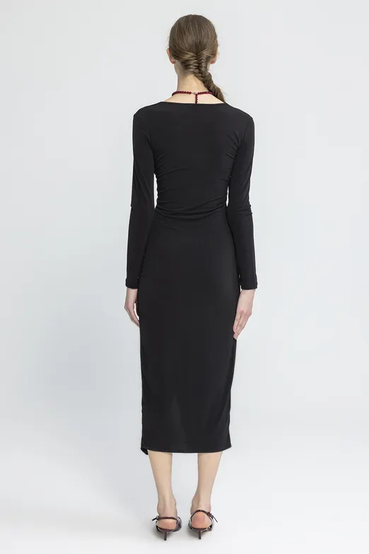 Bayan Siyah V Yakalı Midi Elbise - BSL