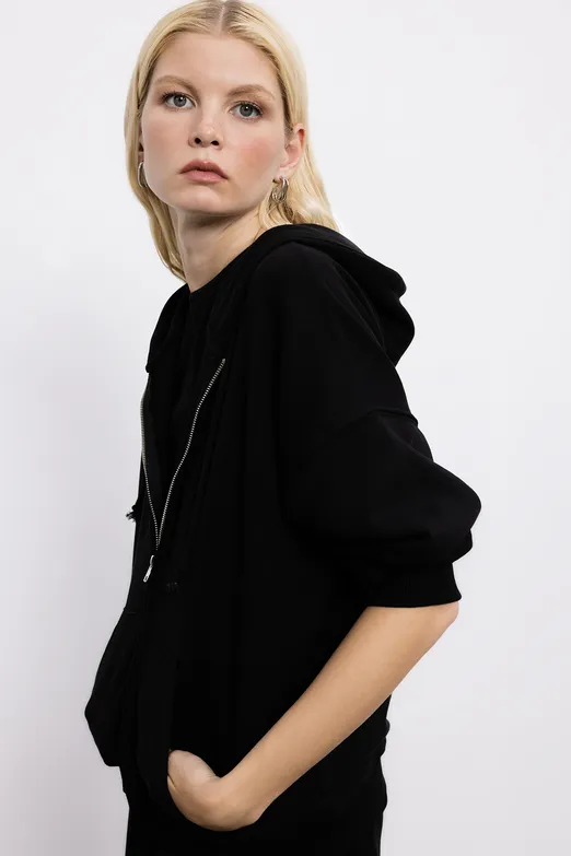 Bayan Siyah Kapüşonlu Oversize Sweatshirt - BSL