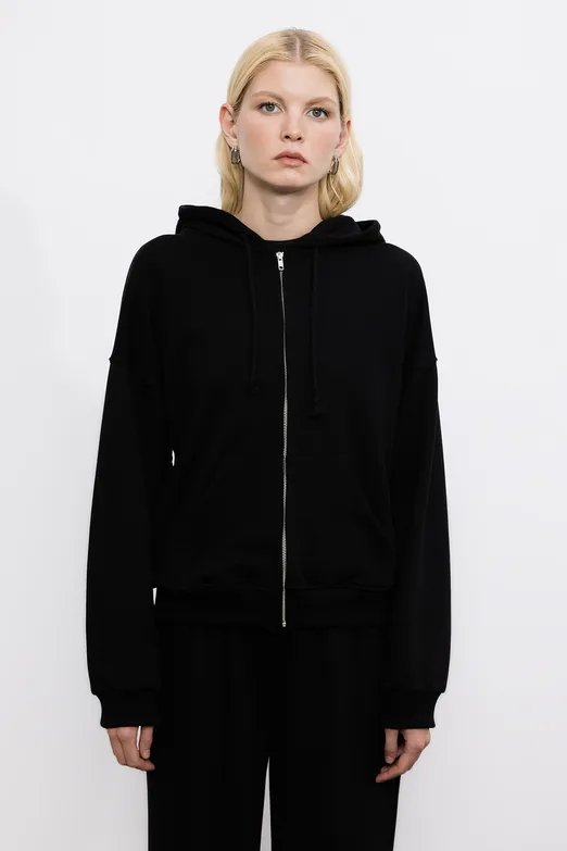 Bayan Siyah Kapüşonlu Oversize Sweatshirt - BSL