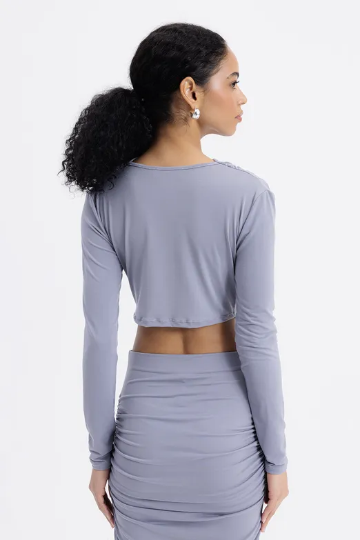 Bayan Gri Dik Degaje Yakalı Crop Bluz - BSL