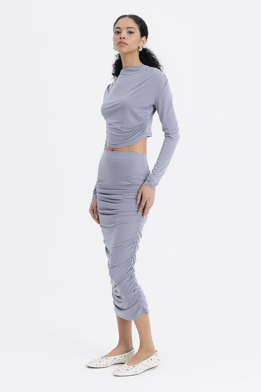 Bayan Gri Drapeli Midi Kalem Etek - BSL