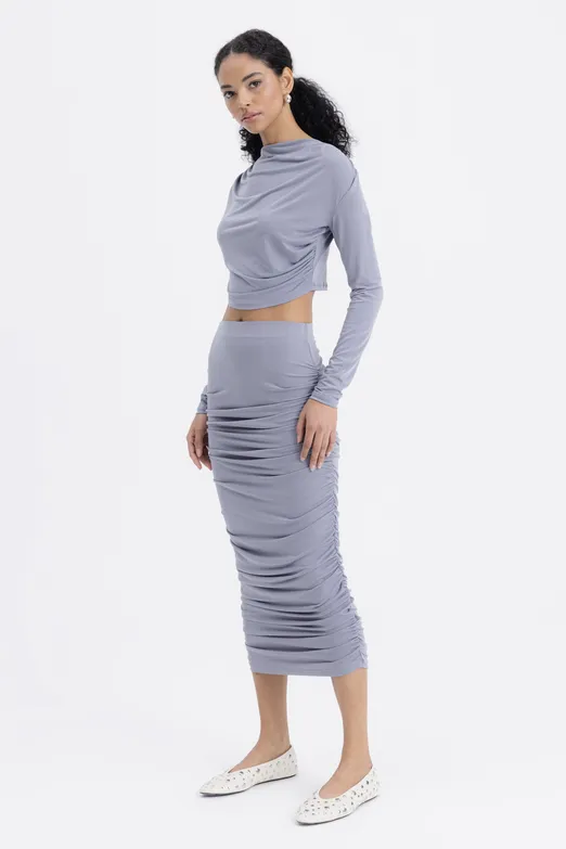 Bayan Gri Drapeli Midi Kalem Etek - BSL