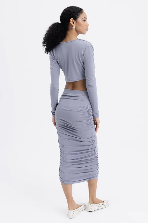 Bayan Gri Drapeli Midi Kalem Etek - BSL