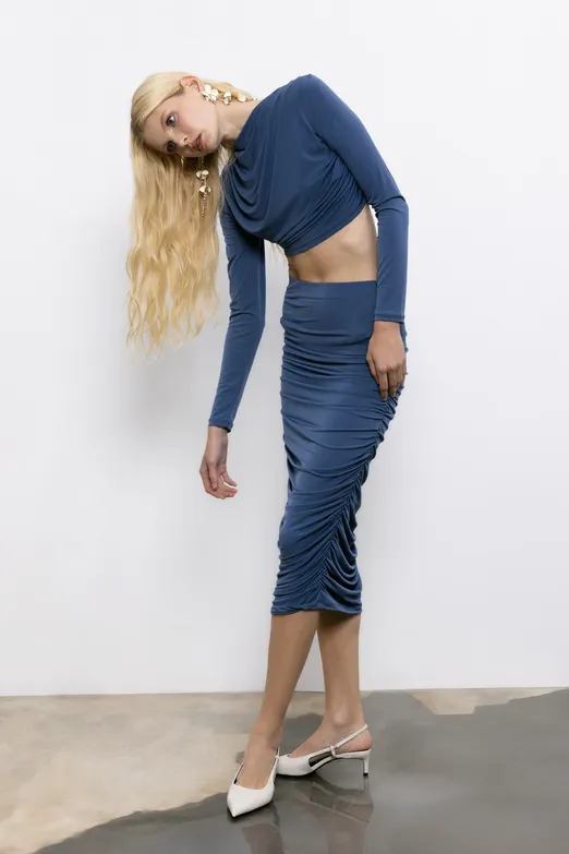 Bayan İndigo Drapeli Midi Kalem Etek - BSL