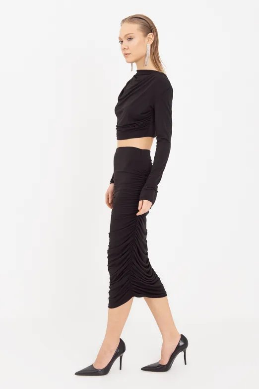 Bayan Siyah Drapeli Midi Kalem Etek - BSL