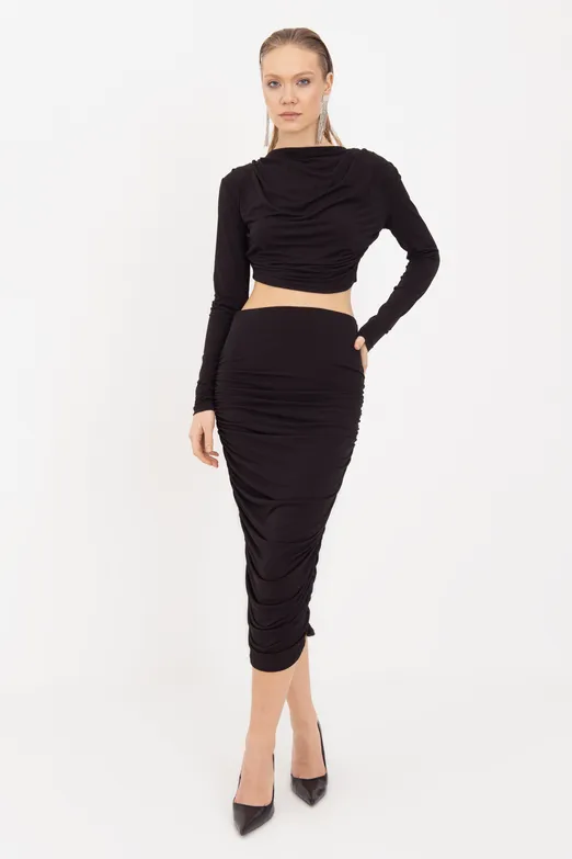 Bayan Siyah Drapeli Midi Kalem Etek - BSL