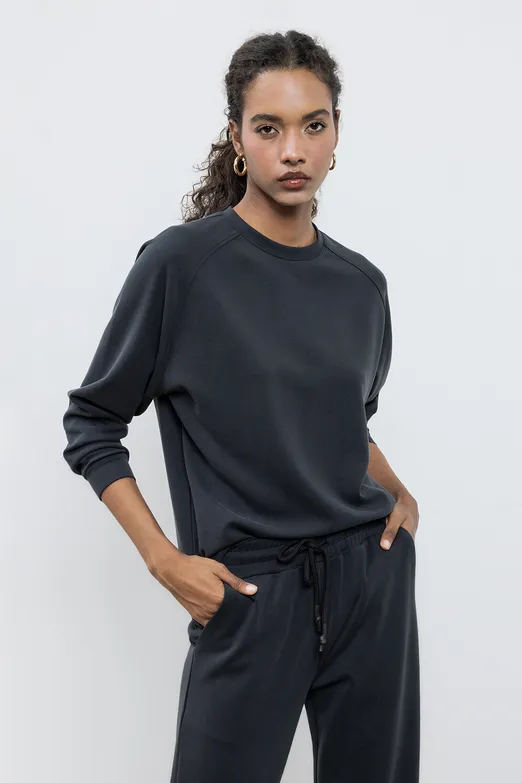 Bayan Siyah Bisiklet Yaka Basic Sweatshirt - BSL