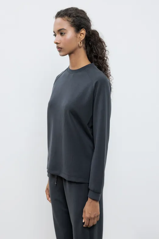 Bayan Siyah Bisiklet Yaka Basic Sweatshirt - BSL