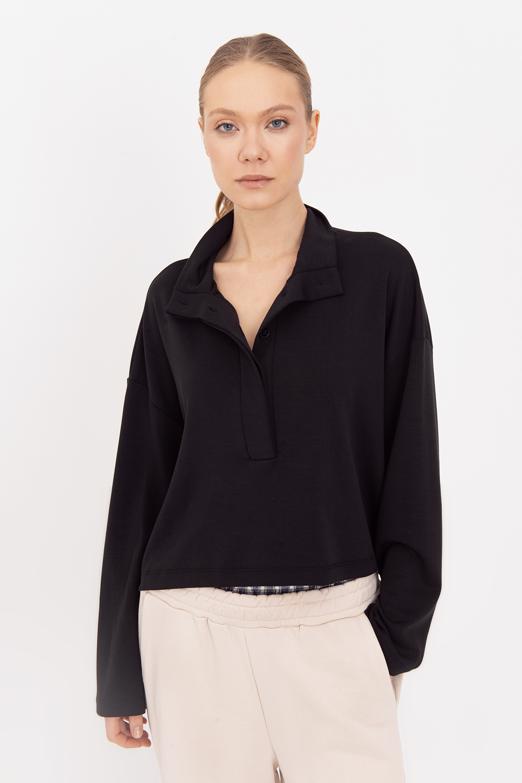 Bayan  Modal Dik Yakalı Pat Detaylı Sweatshirt