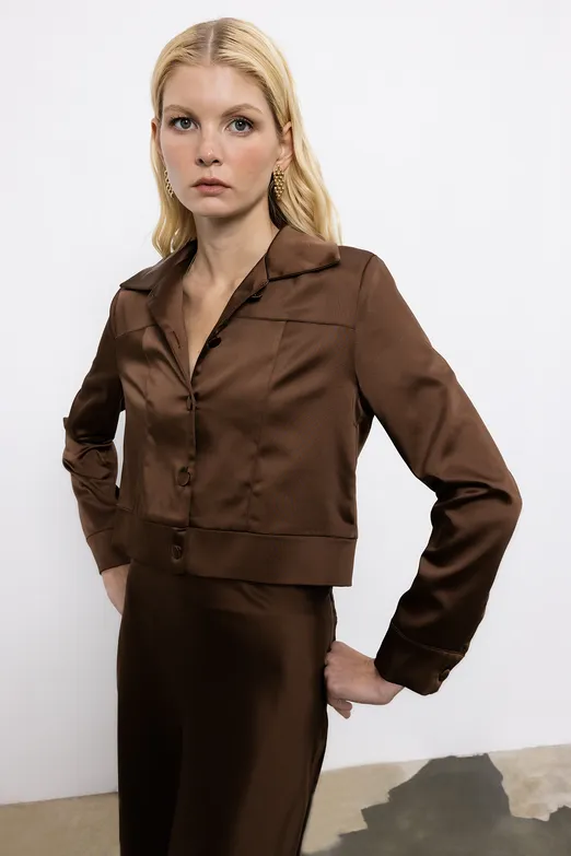 Bayan Kahverengi Saten Düğme Detaylı Gömlek - BSL