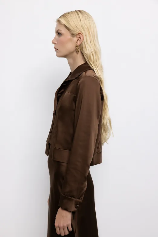 Bayan Kahverengi Saten Düğme Detaylı Gömlek - BSL