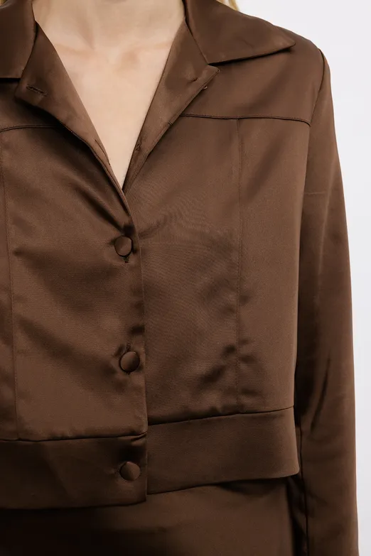 Bayan Kahverengi Saten Düğme Detaylı Gömlek - BSL