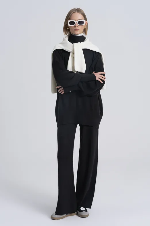 Bayan Siyah Bol Paça Triko Pantolon - BSL