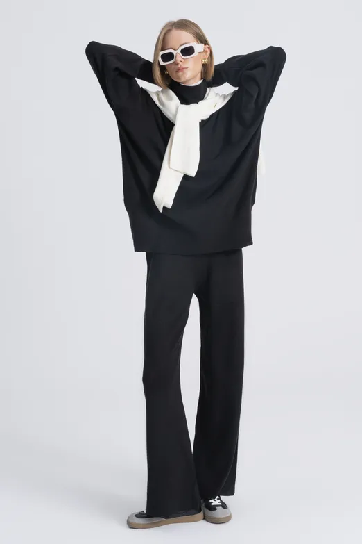 Bayan Siyah Bol Paça Triko Pantolon - BSL