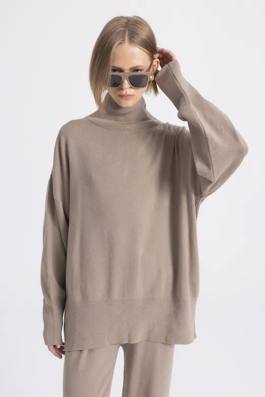 Bayan Vizon Dik Balıkçıl Yaka Triko Kazak - BSL