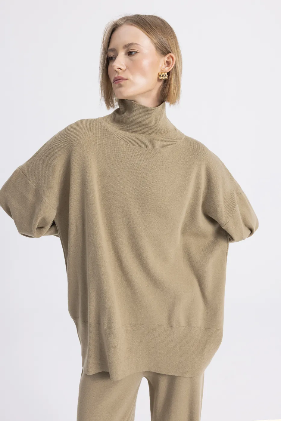 Bayan Yeşil Dik Balıkçıl Yaka Triko Kazak