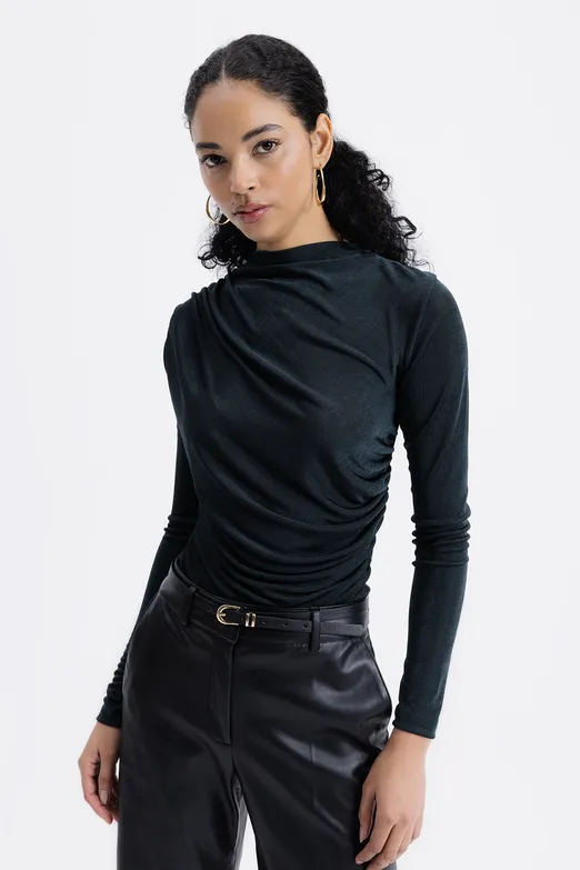 Bayan Yeşil Drapeli Kayık Yaka Bluz - BSL