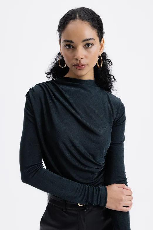 Bayan Yeşil Drapeli Kayık Yaka Bluz - BSL