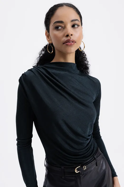 Bayan Yeşil Drapeli Kayık Yaka Bluz - BSL