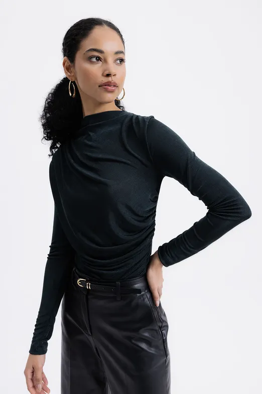 Bayan Yeşil Drapeli Kayık Yaka Bluz - BSL