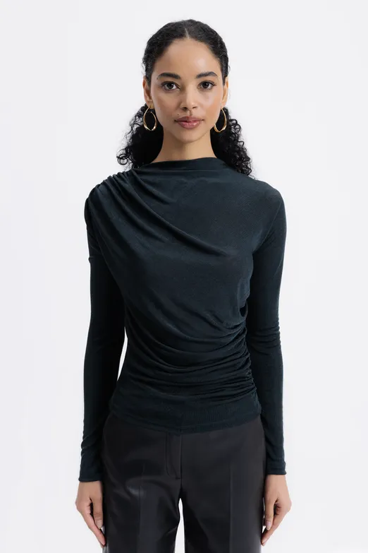 Bayan Yeşil Drapeli Kayık Yaka Bluz - BSL