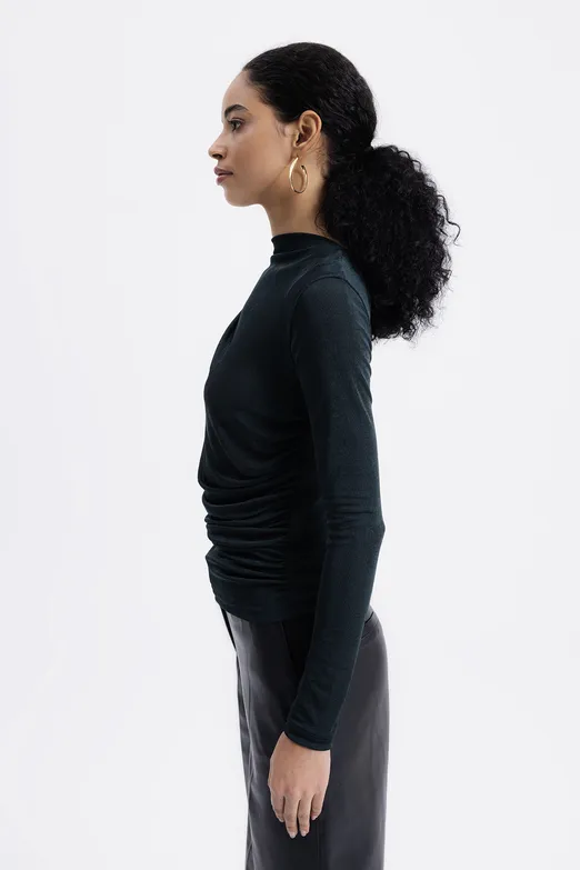 Bayan Yeşil Drapeli Kayık Yaka Bluz - BSL