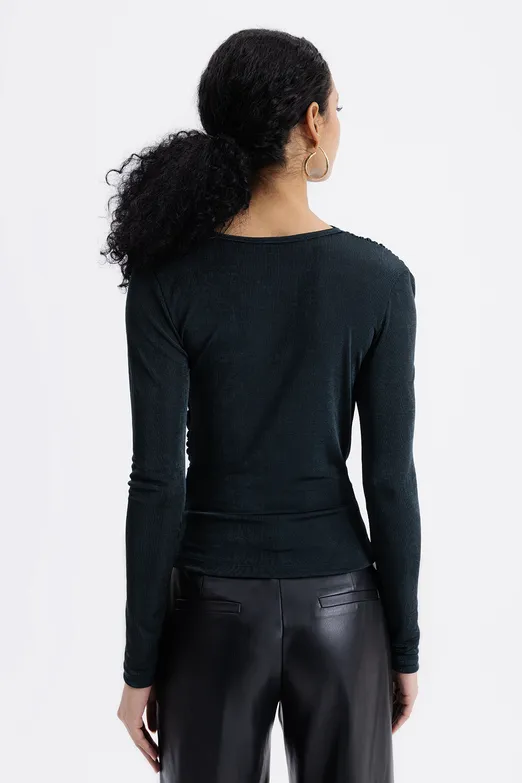 Bayan Yeşil Drapeli Kayık Yaka Bluz - BSL