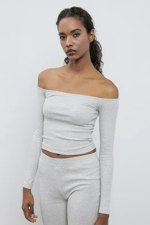 Bayan Gri Carmen Yaka Slim Fit Top - BSL