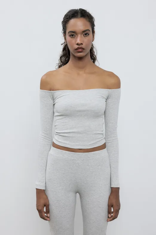 Bayan Gri Carmen Yaka Slim Fit Top - BSL