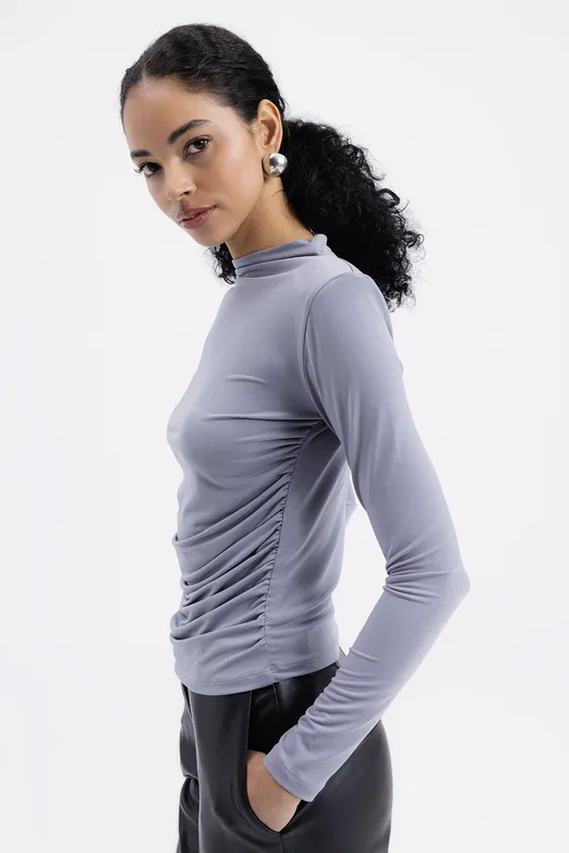 Bayan Gri Drapeli Top - BSL