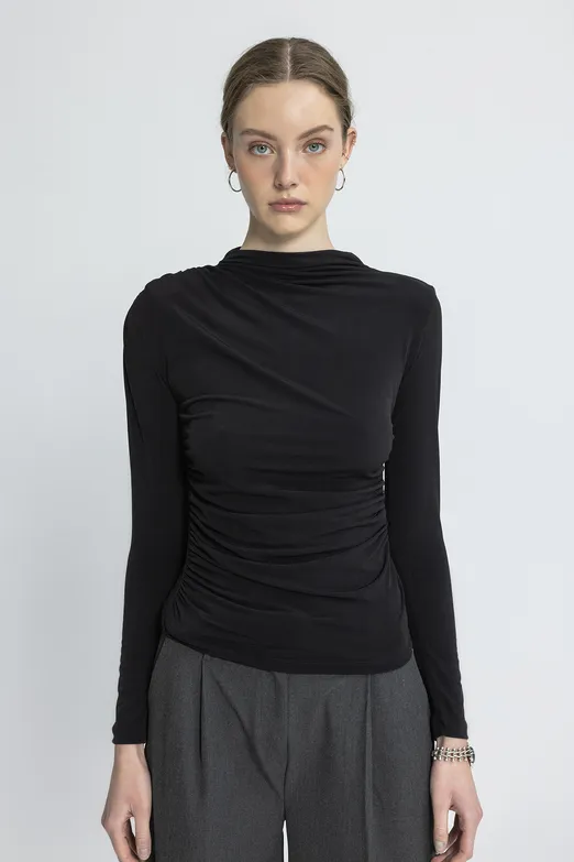 Bayan Siyah Drapeli Top - BSL