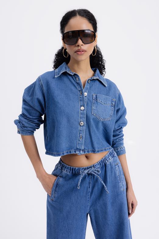 Bayan  Yama Cepli Denim Gömlek