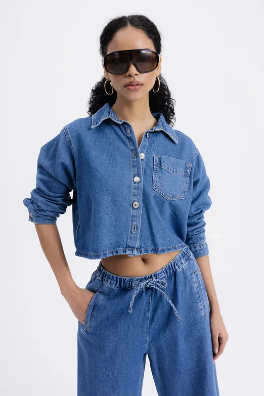 Bayan Lacivert Yama Cepli Denim Gömlek - BSL