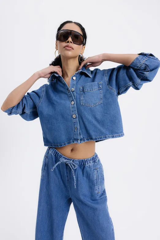 Bayan Lacivert Yama Cepli Denim Gömlek - BSL