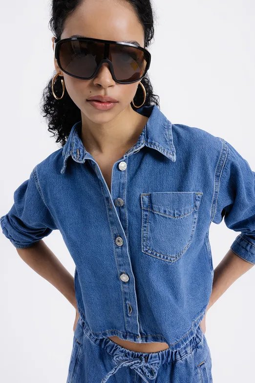 Bayan Lacivert Yama Cepli Denim Gömlek - BSL