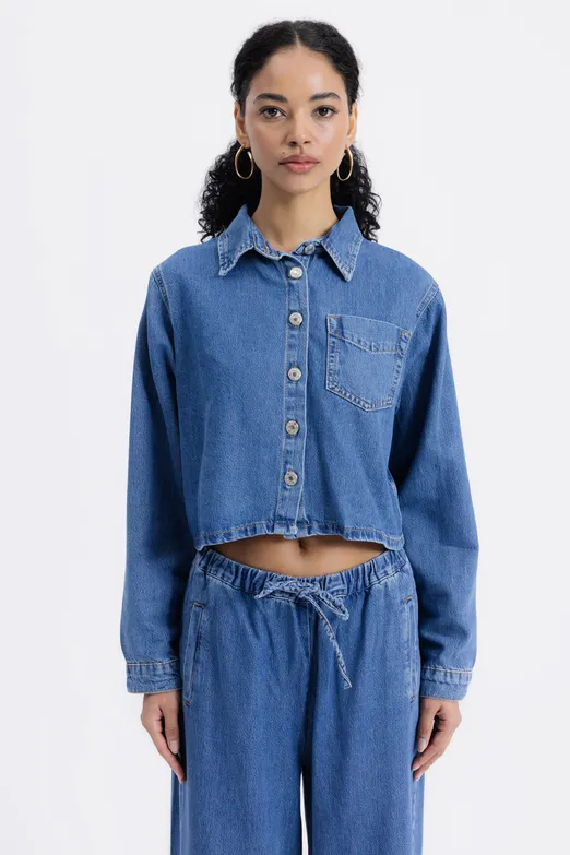 Bayan Lacivert Yama Cepli Denim Gömlek - BSL