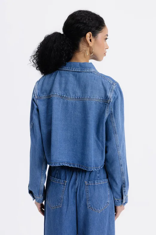 Bayan Lacivert Yama Cepli Denim Gömlek - BSL