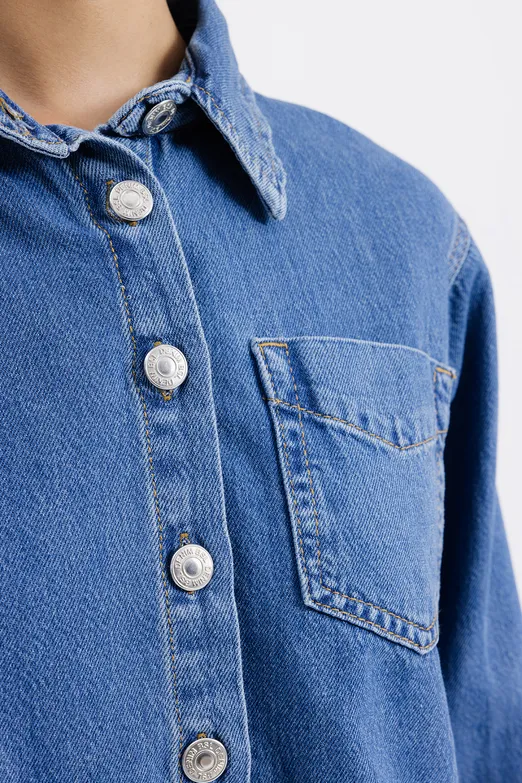 Bayan Lacivert Yama Cepli Denim Gömlek - BSL