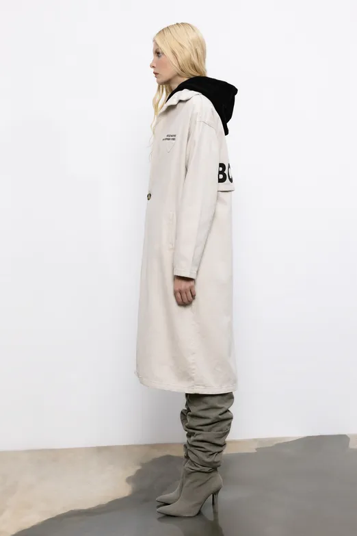 Bayan Ekru Baskılı Oversize Trençkot - BSL