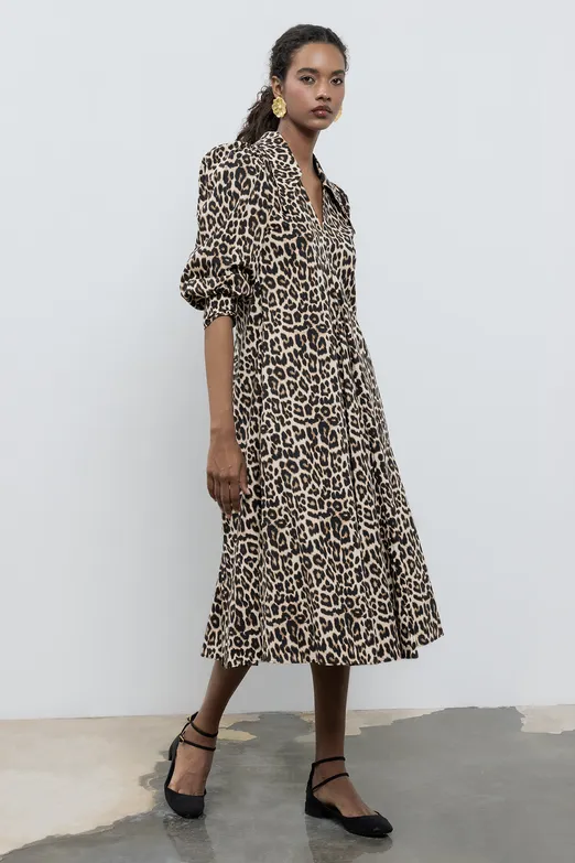 Bayan Bej Bol Kesim Yakalı Midi Elbise - BSL