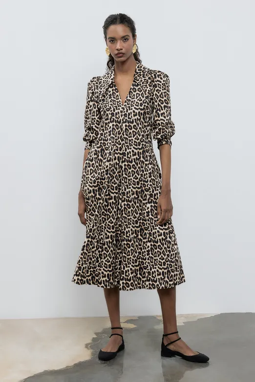 Bayan Bej Bol Kesim Yakalı Midi Elbise - BSL