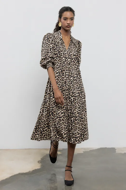 Bayan Bej Bol Kesim Yakalı Midi Elbise - BSL