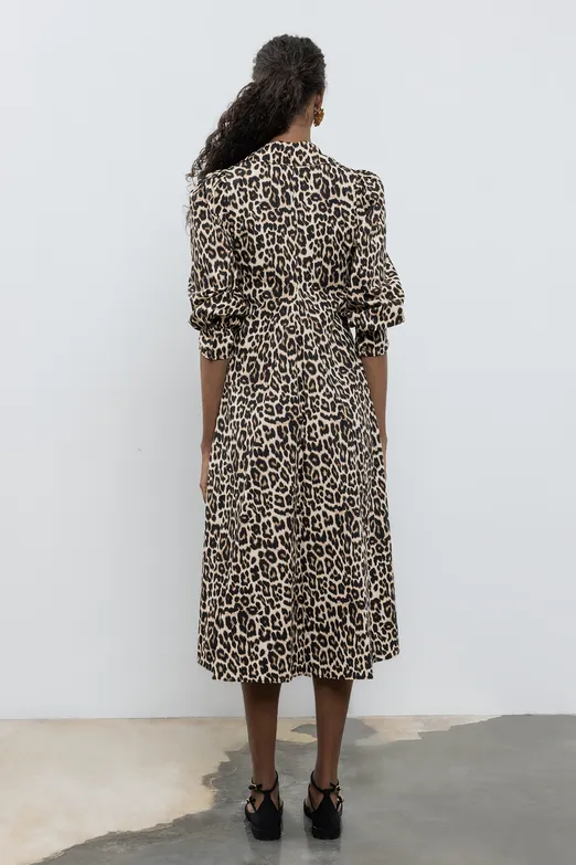 Bayan Bej Bol Kesim Yakalı Midi Elbise - BSL