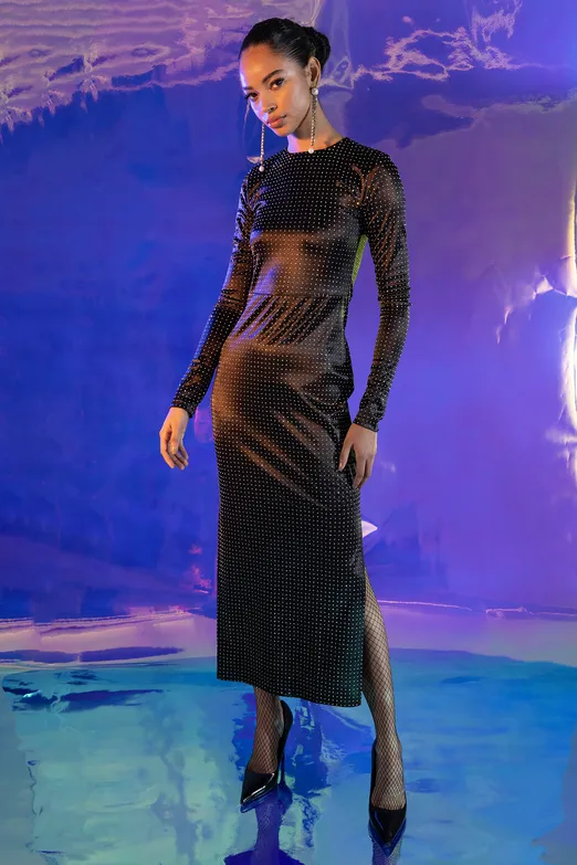 Bayan Siyah Işıltılı Midi Kalem Elbise - BSL